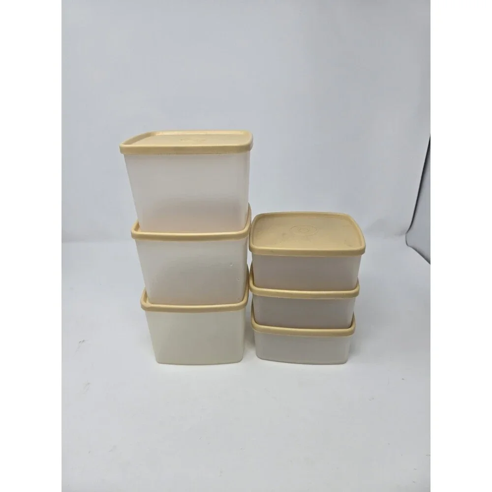VINTAGE TUPPERWARE LOT OF 12 FOOD STORAGE CONTAINERS KHAKI SAND LIDS STACKABLE
